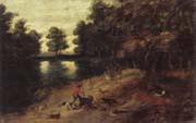 unknow artist A wooded landscape with a boar hunt painting